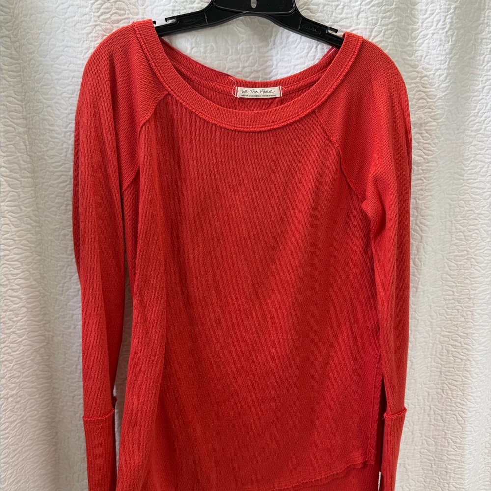 We The Free Coral-Red Long Sleeve Waffle Top